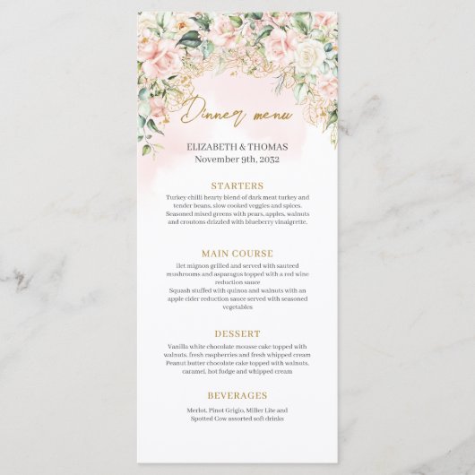 Volledig bewerkbare zacht roze rozen goud Wedding Menu (Voorkant)