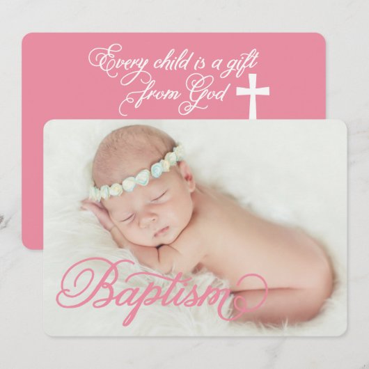 Volledig Foto Script Roze | Doop Uitnodiging (Voorkant / Achterkant)