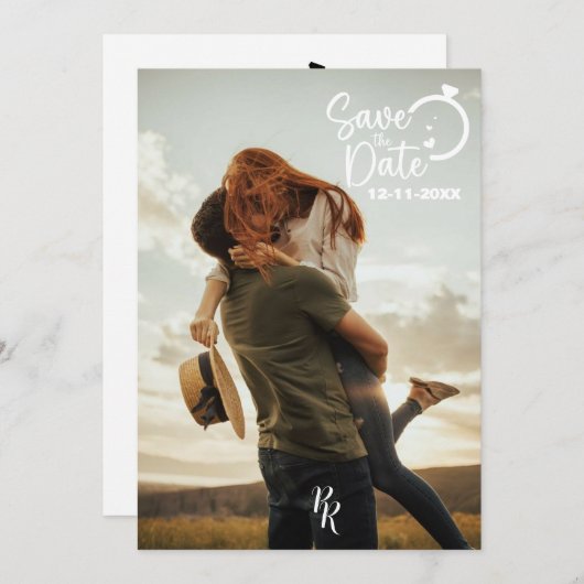 Volledig fotoontwerp met modern script save the date (Voorkant / Achterkant)