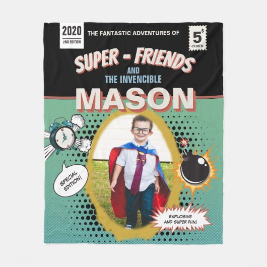 Volledig gepersonaliseerde Retro Comic Superheld Fleece Deken (Voorkant)