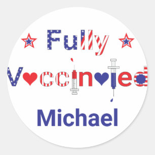 Volledig gevaccineerd in sterren en strips ronde sticker