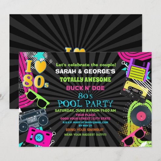 Volledig geweldige 80s Pool feestuitnodiging Kaart (Voorkant / Achterkant)