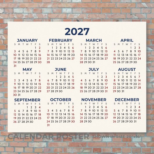 Volledig jaar 2027 horizontale kalender uw kleuren poster