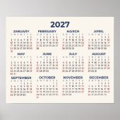 Volledig jaar 2027 horizontale kalender uw kleuren poster (Voorkant)