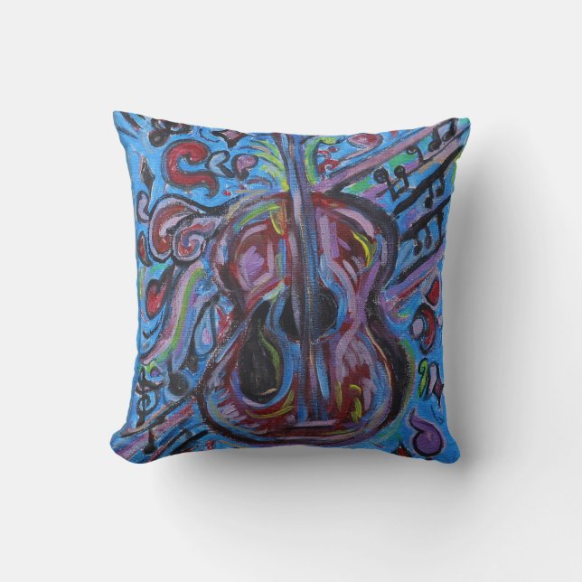 Volledig Jazzy Blauw Abstracte Gitaar Folk Art Kussen (Voorkant)