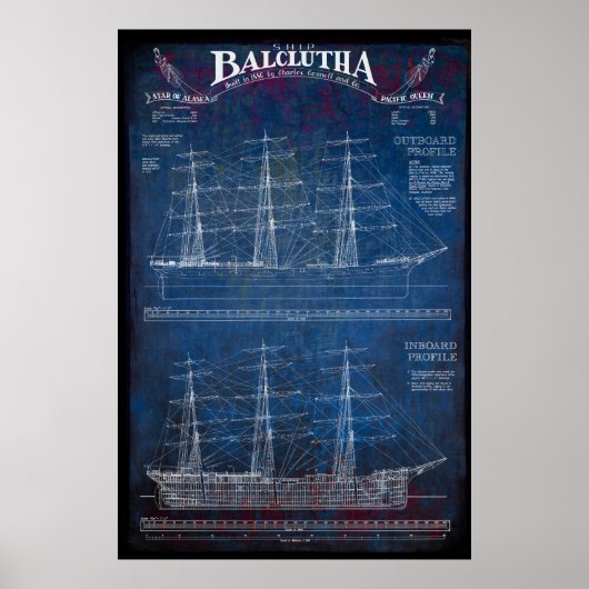 Volledig opgetuigd zeilschip BALCLUTHA Blauwdruk 1 Poster (Voorkant)
