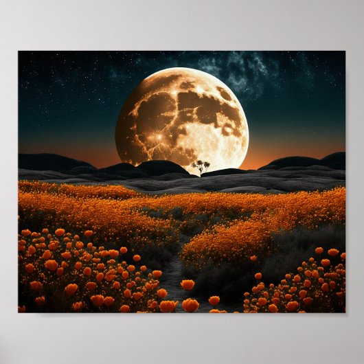 Volledig Oranje Moon-veld van bloemen Poster (Voorkant)