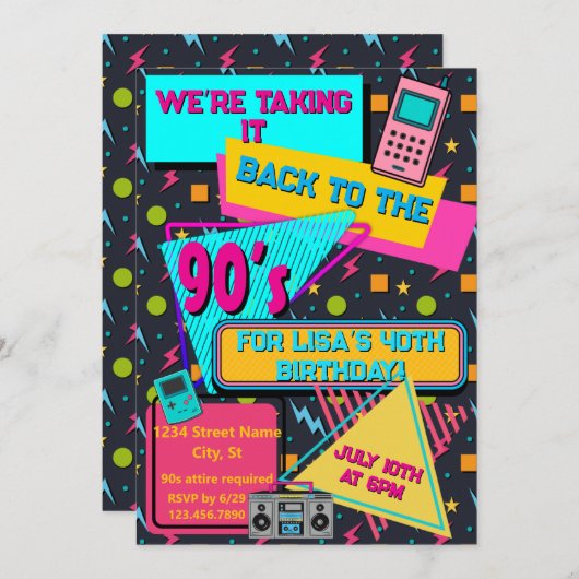 Volledig Rad 80s / 90s Thema Feest Uitnodiging (Voorkant / Achterkant)