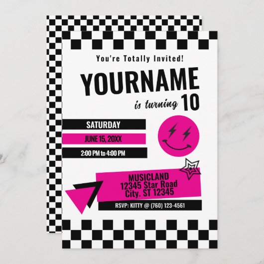 Volledig Retro Verjaardag Uitnodiging (Roze) (Voorkant / Achterkant)