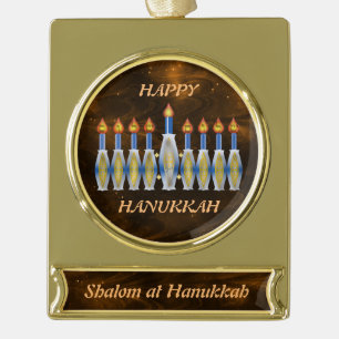 Volledig  Shalom Hanukkah Menorah Verguld Banner Ornament