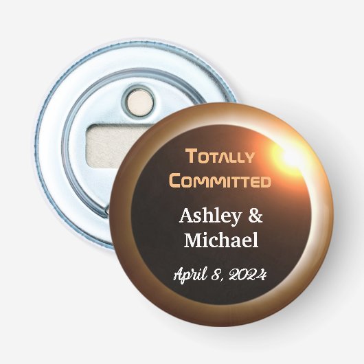 Volledig Toegewijd Eclipse Thema Trouwdag Button Flesopener (Voorkant)