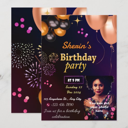 Volledig  verjaardagsuitnodiging kaart (Voorkant / Achterkant)