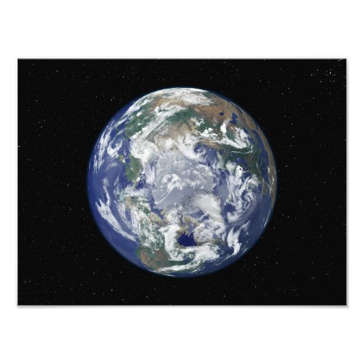Volledig verlichte aarde gecentreerd op de Noordpo Foto Afdruk (Voorkant)
