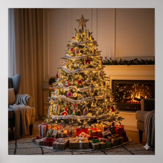 Volledig versierde kerstboom poster (Voorkant)