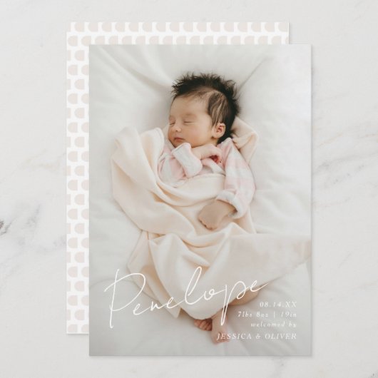 Volledige bloed moderne kalligrafische baby naam aankondiging (Voorkant / Achterkant)