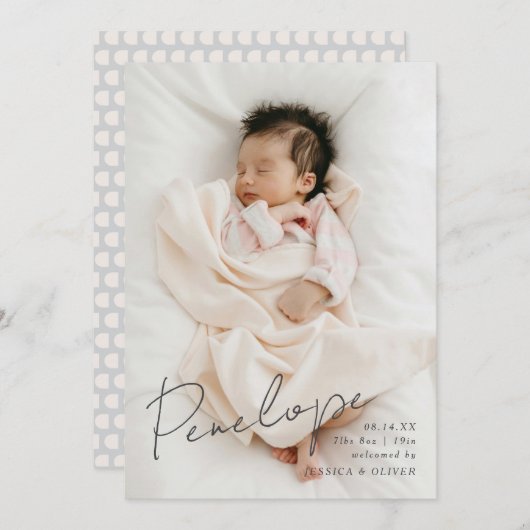 Volledige bloed moderne kalligrafische baby naam aankondiging (Voorkant / Achterkant)