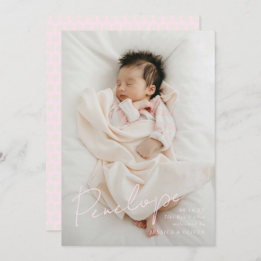 Volledige bloed moderne kalligrafische baby naam aankondiging (Voorkant / Achterkant)
