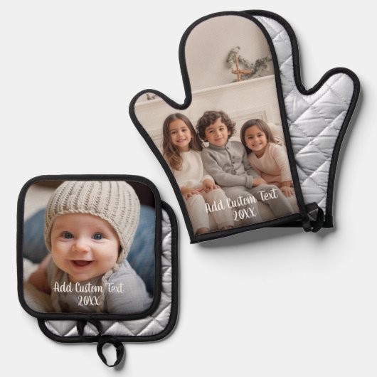 Volledige foto met aangepaste tekst in wit script ovenwant & pannenlap set (Voorkant / Achterkant)