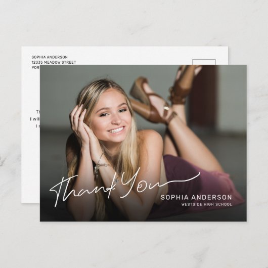 Volledige foto Modern Script Afstuderen Bedankt Briefkaart (Voorkant / Achterkant)