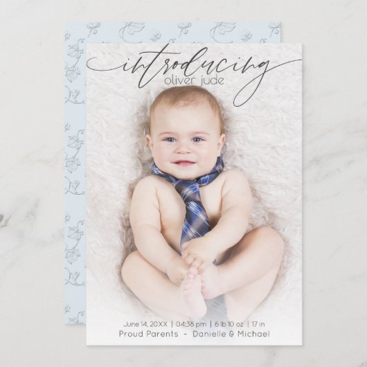 Volledige foto Moderne Geboorteaankondiging Blauw Aankondiging (Voorkant / Achterkant)