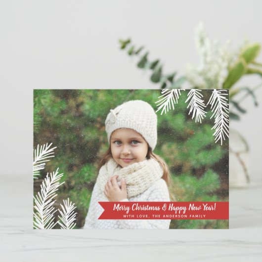 Volledige foto Pine Needles Red Banner Holiday Kaa Feestdagenkaart (Staand voorkant)