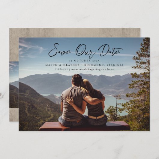Volledige foto Rustic Hand Script Save the Date Kaart (Voorkant / Achterkant)