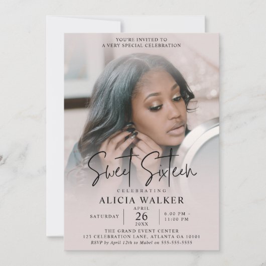 Volledige foto Sweet 16 uitnodiging Blush Script (Voorkant)