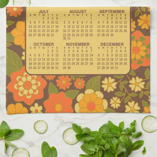 Volledige jaarkalender - Retro bloemen - Groen Bru Theedoek (Gevouwen)