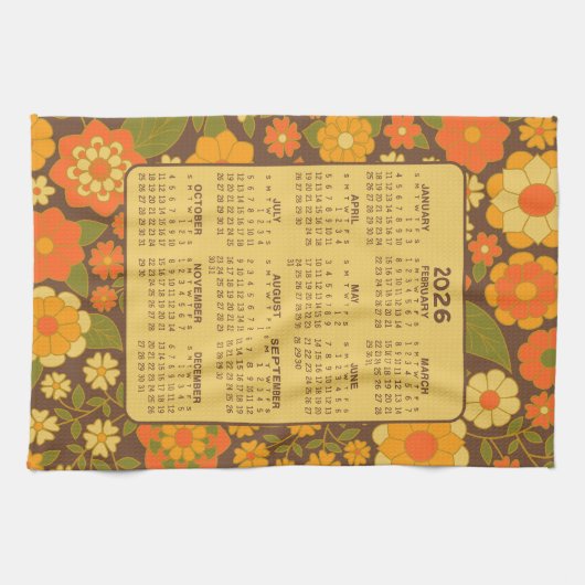 Volledige jaarkalender - Retro bloemen - Groen Bru Theedoek (Horizontaal)