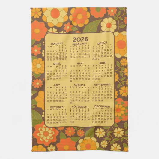 Volledige jaarkalender - Retro bloemen - Groen Bru Theedoek (Verticaal)