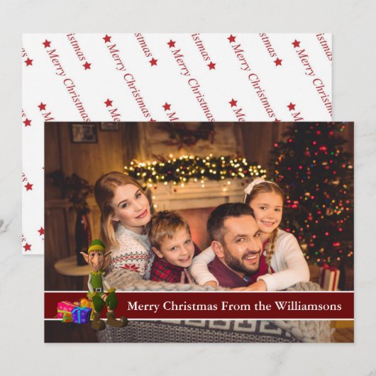 Volledige kaartfoto's en Elf met rode tekstband Feestdagenkaart (Voorkant / Achterkant)