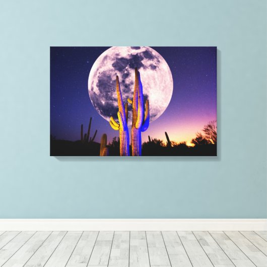 Volledige maan boven Saguaro Cactus Canvas Afdruk (Insitu (Houten vloer))