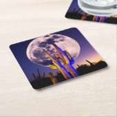 Volledige maan boven Saguaro Cactus Kartonnen Onderzetters (Schuin)