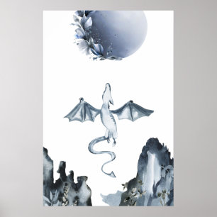 Volledige maan en Dragon Dusty Blue Poster