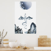 Volledige maan en Dragon Dusty Blue Poster (Keuken)