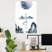 Volledige maan en Dragon Dusty Blue Poster (Thuiskantoor)