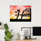 Volledige maan en Kat H Initiaal Monogram Poster (Thuiskantoor)