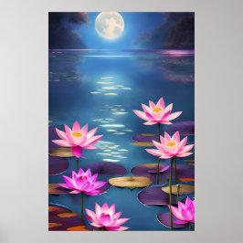 Volledige maan en prachtige roze Lotus Flowers Poster