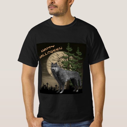 Volledige maan met grijze Wolf Happy Halloween T-shirt (Voorkant)