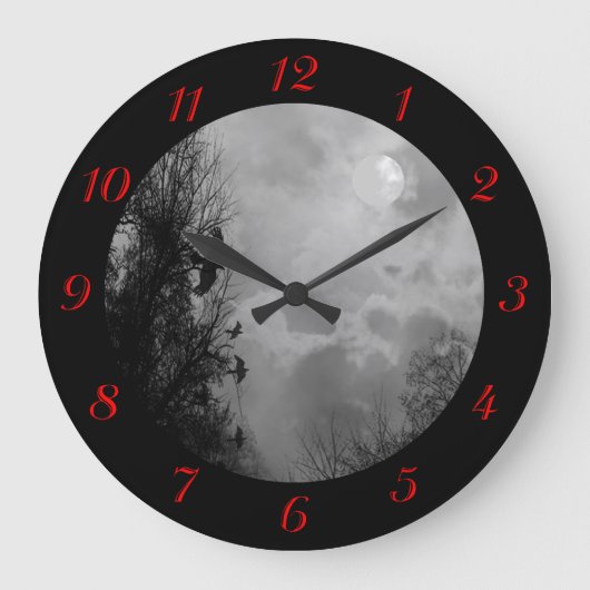 Volledige maan met Ravens Red Numbers Wall Clock Grote Klok (Voorkant)