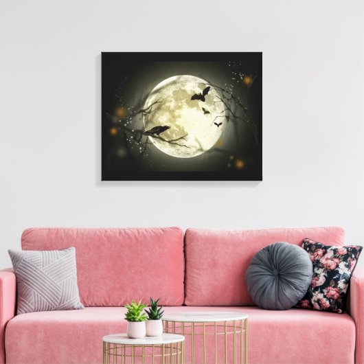 Volledige maan met vleermuizen en Raven. Canvas Afdruk (Insitu (Woonkamer))