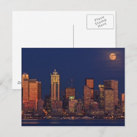 Volledige maan over de skyline van Seattle Briefkaart (Voorkant / Achterkant)