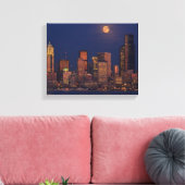 Volledige maan over de skyline van Seattle Canvas Afdruk (Insitu (Woonkamer))