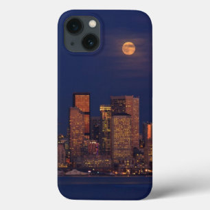Volledige maan over de skyline van Seattle iPhone 13 Hoesje