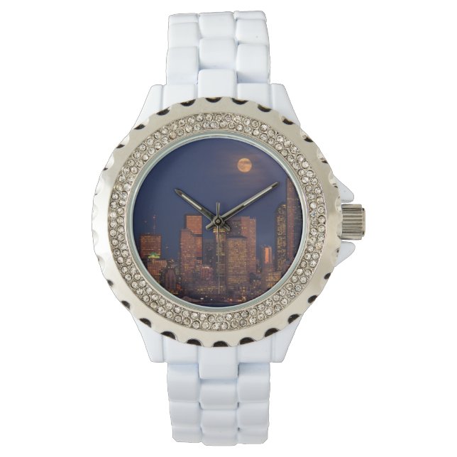 Volledige maan over de skyline van Seattle Horloge (Voorkant)