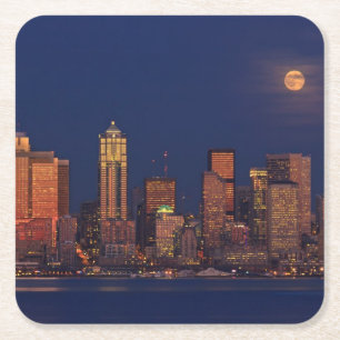 Volledige maan over de skyline van Seattle Kartonnen Onderzetters