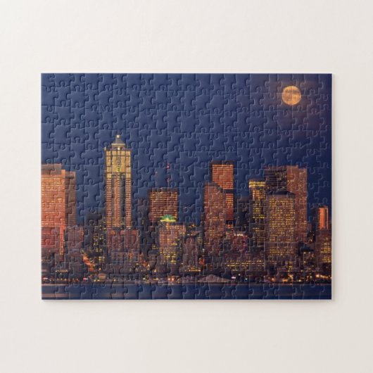 Volledige maan over de skyline van Seattle Legpuzzel (Horizontaal)