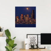 Volledige maan over de skyline van Seattle Poster (Thuiskantoor)