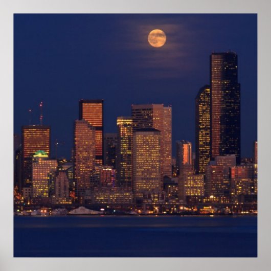 Volledige maan over de skyline van Seattle Poster (Voorkant)