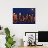 Volledige maan over de skyline van Seattle Poster (Thuiskantoor)